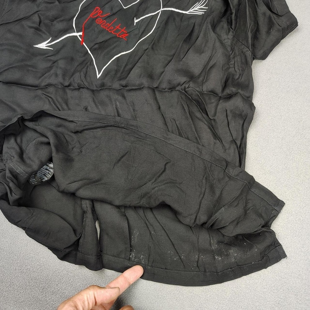 ALL SAINTS Button Up Camp Shirt Men Medium Black Embroidered Vendetta Loop Colla - Picture 7 of 8